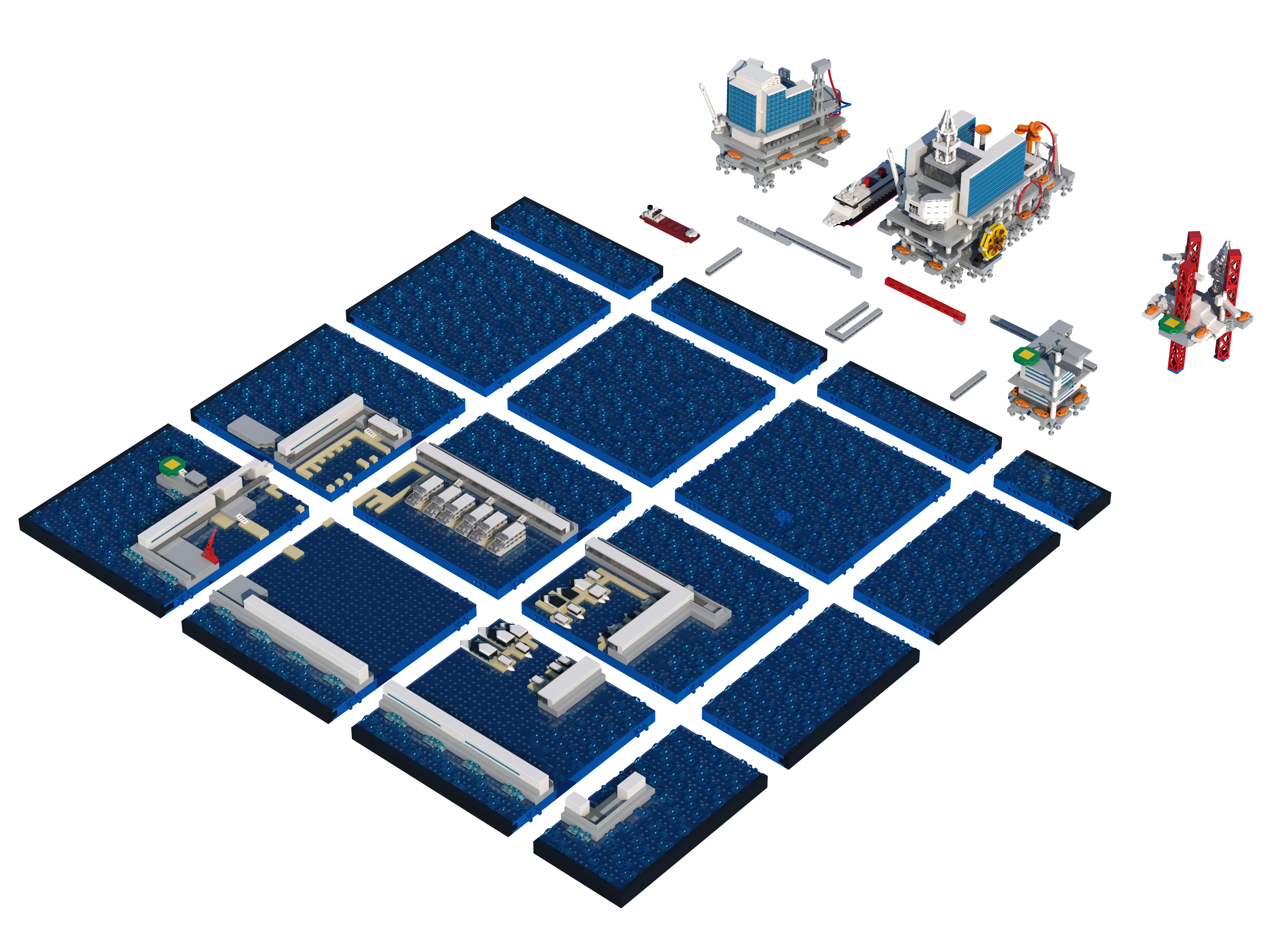 Exploded view of the LEGO model of The Rig: the base and platforms come apart into modules for transport